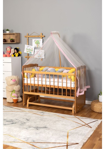 Ahşap Beşik Anne Yanı Beşik Vernikli 60X120 - Pembe Sarı Örgü Uyku Seti Seti + Yatak