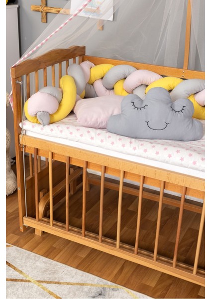 Ahşap Beşik Anne Yanı Beşik Vernikli 60X120 - Pembe Sarı Örgü Uyku Seti Seti + Yatak