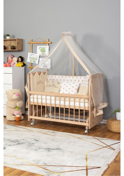 Ahşap Anne Yanı Portatif Bebek Beşik Modelleri (BOYASIZ)60X120-KREM Prens Uyku Seti Yatak Tekerlekli
