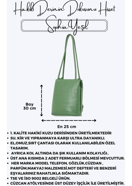 Sophia Yeşil Hakiki Deri Kadın El Omuz ve Sırt Çantası