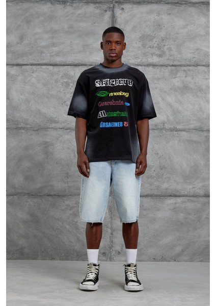 Siyah Sebizegva Baskılı Oversize Tshirt