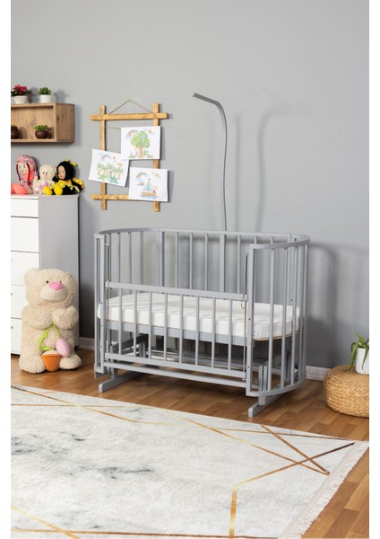 Ahşap Beşik Anne Yanı Beşik Gri 60X120 - Uyku Setsiz Tek Yataklı