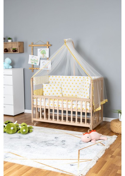 Doğal Ahşap Beşik Anne Yanı Beşik Organik 70X130 - Sarı Yıldız 1 Yastıklı Uyku Seti Yataklı