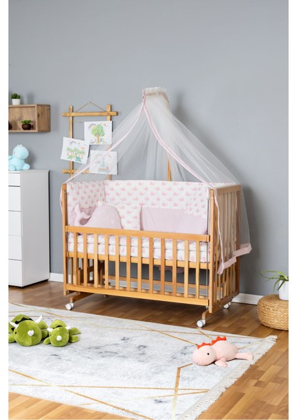 Doğal Ahşap Beşik Anne Yanı Beşik Vernikli 70X130 - Pembe Balina Uyku Seti Yataklı Tekerlekli
