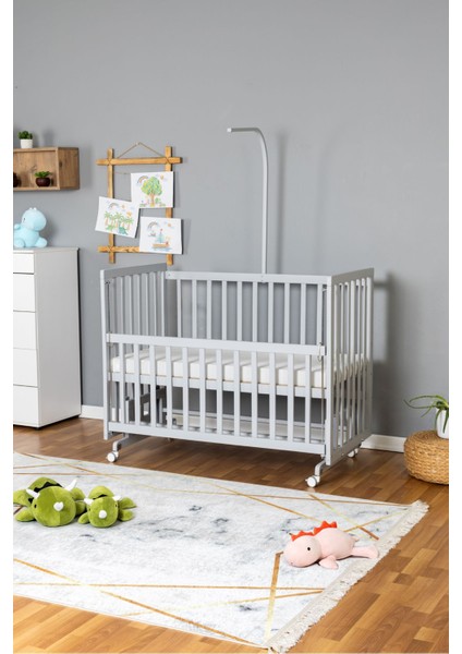 Ahşap Beşik Anne Yanı Beşik Gri 60X120 - Uyku Setsiz Tek Yataklı + Tekerlekli