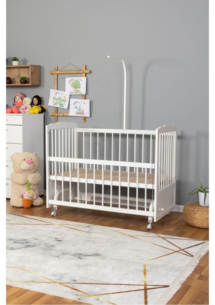 Ahşap Beşik Anne Yanı Beşik Beyaz 60X120 - Uyku Setsiz Yataksız + Tekerlekli