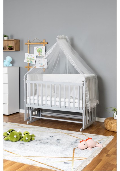 Ahşap Beşik Anne Yanı Beşik Gri 70X130 - Beyaz Güpür Uyku Seti + Yataklı