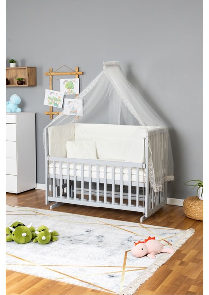 Ahşap Beşik Anne Yanı Beşik Gri 70X130 - Beyaz Güpür Uyku Seti + Yataklı fiyatları