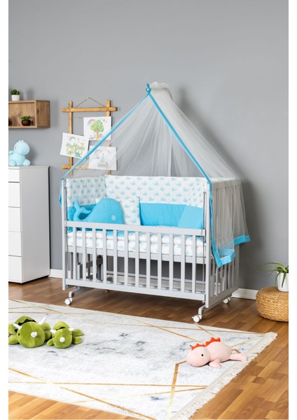 Ahşap Beşik Anne Yanı Beşik Gri 60X120 - Mavi Balina Uyku Seti + Yataklı + Tekerlekli