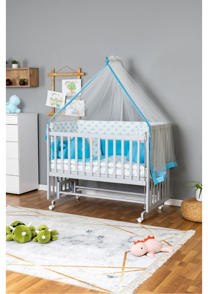 Ahşap Beşik Anne Yanı Beşik Gri 60X120 - Mavi Balina Uyku Seti + Yataklı + Tekerlekli fiyatları