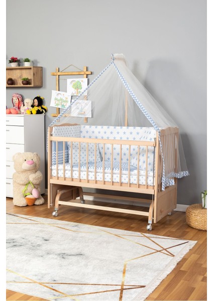Ahşap Beşik Anne Yanı Beşik Organik(Boyasız) 60X120-MAVI Yıldız Tekyastık Uykuseti Yatak Tekerlekli fiyatları