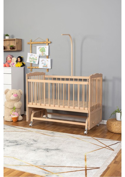 Ahşap Beşik Anne Yanı Beşik Organik(Boyasız) 60X120-MAVI Yıldız Tekyastık Uykuseti Yatak Tekerlekli modelleri