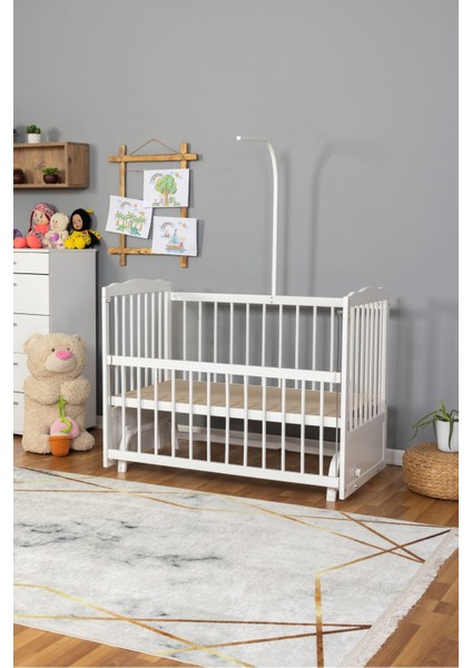 Ahşap Beşik Anne Yanı Beşik Beyaz 60X120 - Uyku Setsiz Yataksız