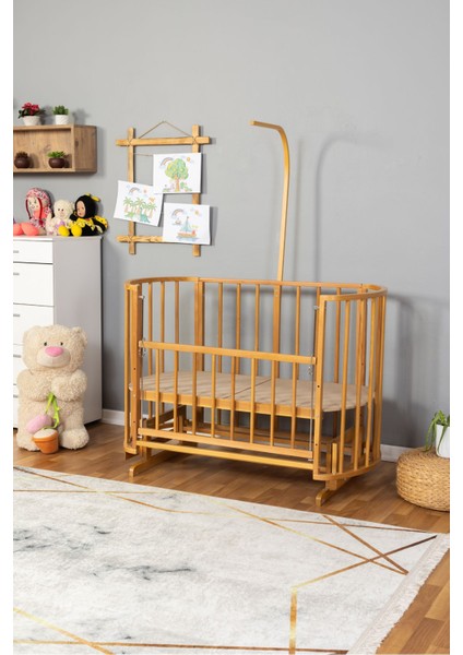 Ahşap Beşik Anne Yanı Beşik Doğal (Vernikli) 60X120 - Uyku Setsiz ve Yataksız