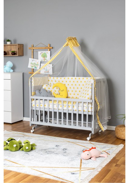 Ahşap Beşik Anne Yanı Beşik Gri 60X120 - Sarı Yıldız 3 Yastıklı Uyku Seti + Yataklı + Tekerlekli