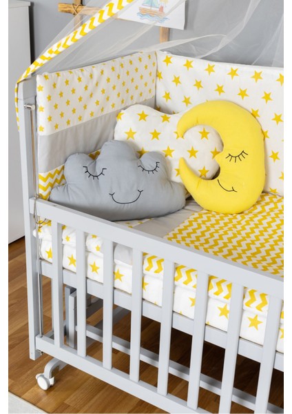 Ahşap Beşik Anne Yanı Beşik Gri 60X120 - Sarı Yıldız 3 Yastıklı Uyku Seti + Yataklı + Tekerlekli modelleri