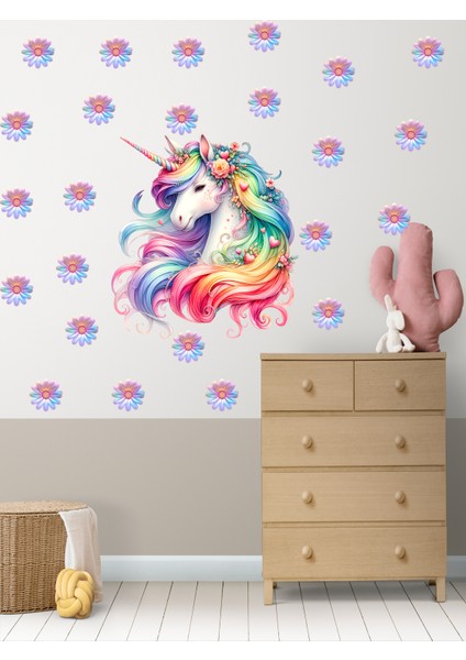 Unicorn ve Gökkuşağı Desenli Papatyalar Çocuk Odası Duvar Süsü, Duvar Sticker modelleri