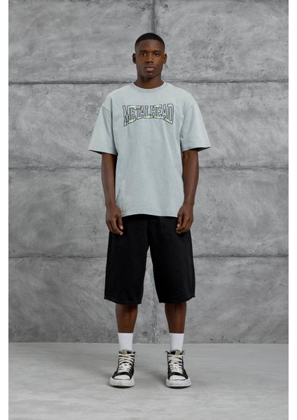 Gri Metalhead Yazılı Yıkamalı Tshirt