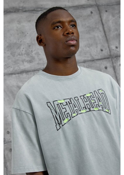 Gri Metalhead Yazılı Yıkamalı Tshirt fiyatları