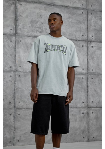 Gri Metalhead Yazılı Yıkamalı Tshirt modelleri