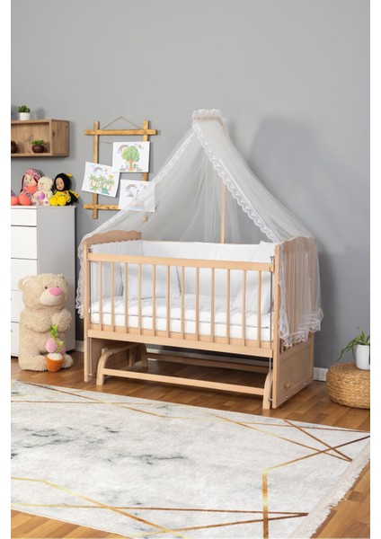 Ahşap Beşik Anne Yanı Beşik Organik(Boyasız) 60X120-BEYAZ Güpür Uyku Seti + Yatak fiyatları