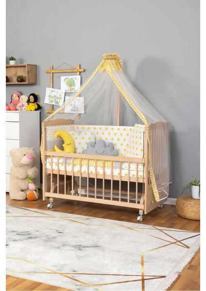 Doğal Ahşap Beşik Anne Yanı Beşik Organik (Boyasız) 60X120 - Sarı Yıldız Uyku Seti Yatak Tekerlekli
