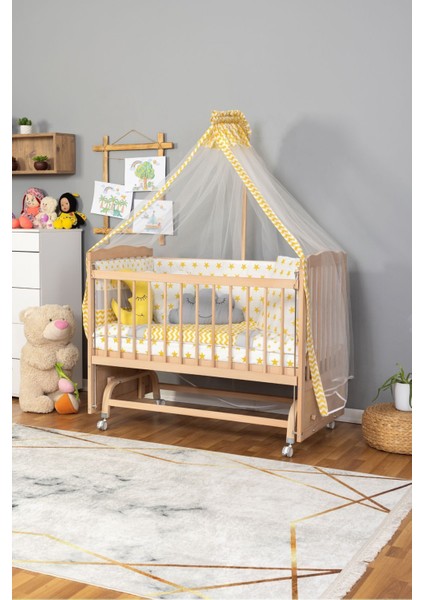 Doğal Ahşap Beşik Anne Yanı Beşik Organik (Boyasız) 60X120 - Sarı Yıldız Uyku Seti Yatak Tekerlekli fiyatları