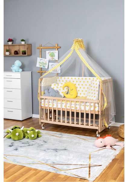 Ahşap Beşik Anne Yanı Beşik Organik 70X130 - Sarı Yıldız 3 Yastıklı Uyku Seti + Yataklı + Tekerlekli
