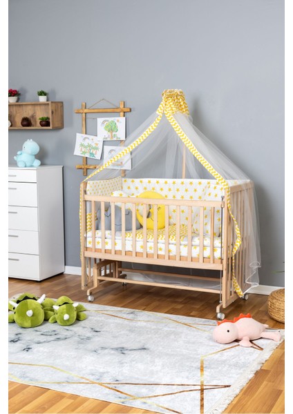 Ahşap Beşik Anne Yanı Beşik Organik 70X130 - Sarı Yıldız 3 Yastıklı Uyku Seti + Yataklı + Tekerlekli fiyatları