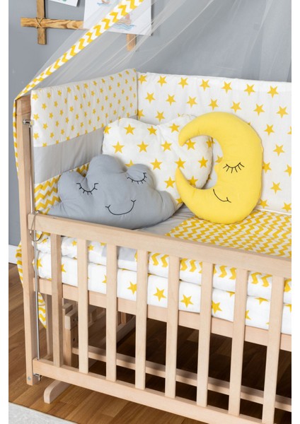 Ahşap Beşik Anne Yanı Beşik Organik 70X130 - Sarı Yıldız 3 Yastıklı Uyku Seti + Yataklı + Tekerlekli modelleri