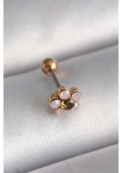 Çelik Gold Renk Zirkon Taşlı Çiçek Tragus Piercing