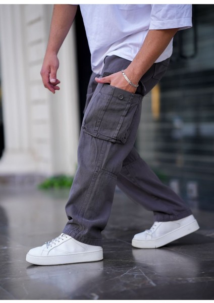 Erkek Kargo Cep Baggy Pantolon Füme Rengi