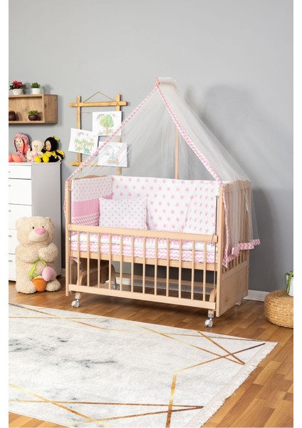 Ahşap Beşik Anne Yanı Beşik Organik(Boyasız) 60X120-PEMBE Yıldız Tek Yastık Uykuseti Yatak+Tekerlek