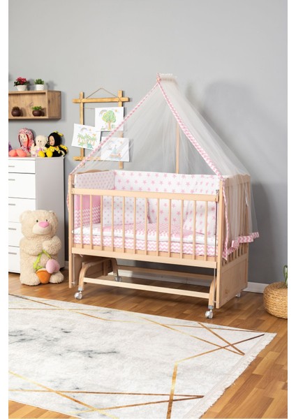 Ahşap Beşik Anne Yanı Beşik Organik(Boyasız) 60X120-PEMBE Yıldız Tek Yastık Uykuseti Yatak+Tekerlek fiyatları