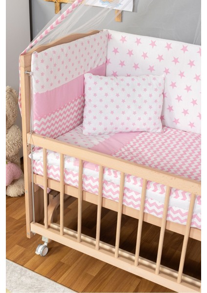 Ahşap Beşik Anne Yanı Beşik Organik(Boyasız) 60X120-PEMBE Yıldız Tek Yastık Uykuseti Yatak+Tekerlek fırsatları