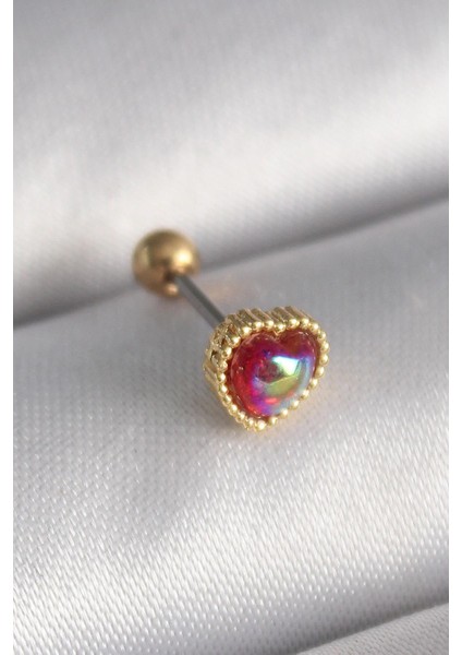 Çelik Gold Renk Kırmızı Mineli Kalp Tragus Piercing