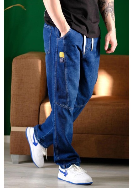Erkek Lacivert Bel Lastikli Bağcıklı Baggy Fit Jean Pantolon