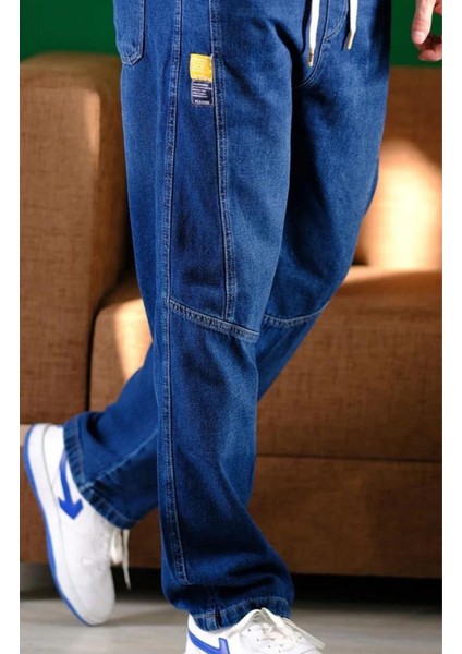 Erkek Lacivert Bel Lastikli Bağcıklı Baggy Fit Jean Pantolon