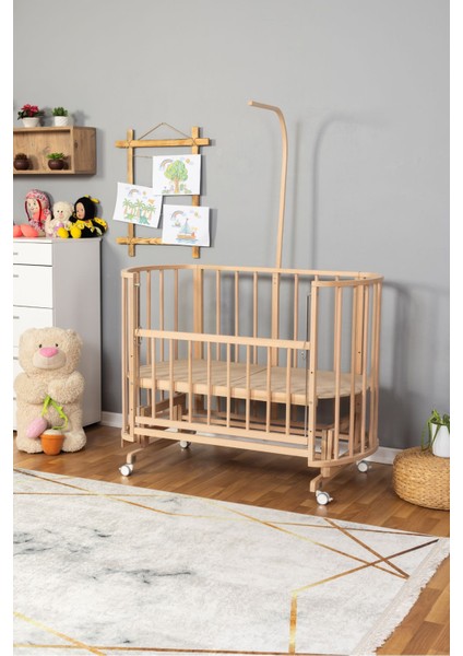 Ahşap Beşik Anne Yanı Beşik Organik (Boyasız) 60X120 - Tekerlekli Uyku Setsiz ve Yataksız