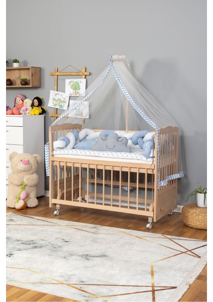 Ahşap Beşik Anne Yanı Beşik Organik 60X120 - Mavi Beyaz Örgü Uyku Seti Seti + Yatak + Tekerlekli