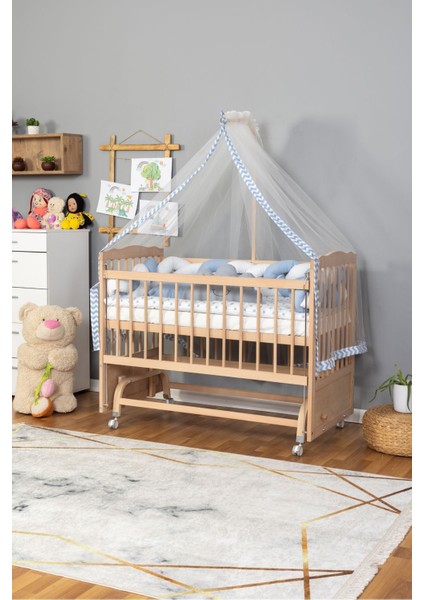 Ahşap Beşik Anne Yanı Beşik Organik 60X120 - Mavi Beyaz Örgü Uyku Seti Seti + Yatak + Tekerlekli fiyatları