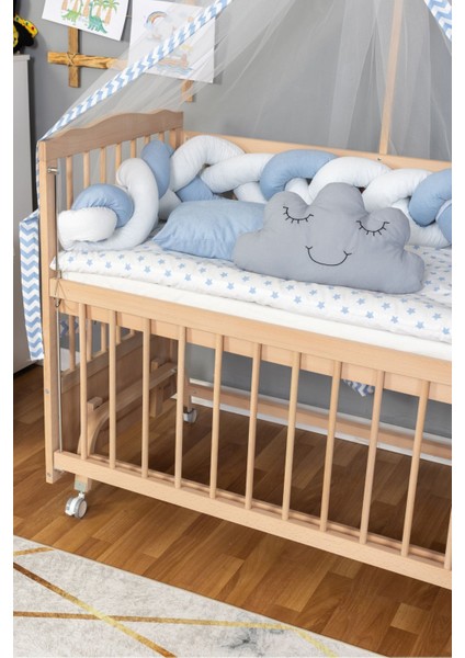 Ahşap Beşik Anne Yanı Beşik Organik 60X120 - Mavi Beyaz Örgü Uyku Seti Seti + Yatak + Tekerlekli fırsatları