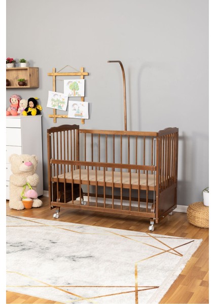 Ahşap Beşik Anne Yanı Beşik Ceviz 60X120 - Uyku Setsiz ve Yataksız Tekerlekli