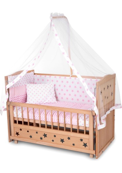 Ahşap Beşik Anne Yanı Beşik Organik (Boyasız) 60X120 - Pembe Yıldız Tek Yastıklı Uyku Seti Yatak