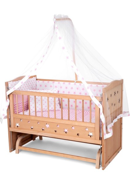 Ahşap Beşik Anne Yanı Beşik Organik (Boyasız) 60X120 - Pembe Yıldız Tek Yastıklı Uyku Seti Yatak fiyatları
