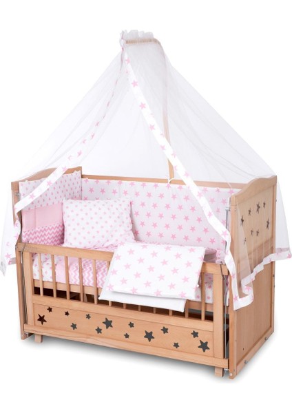 Ahşap Beşik Anne Yanı Beşik Organik (Boyasız) 60X120 - Pembe Yıldız Tek Yastıklı Uyku Seti Yatak modelleri