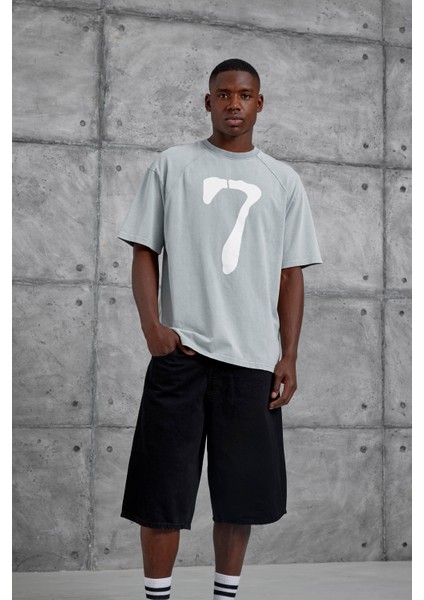 Gri Yedi Numara Baskılı Yıkamalı Oversize Tshirt