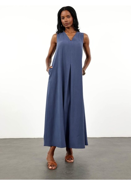 Lacivert V Yaka Tencel Elbise 036
