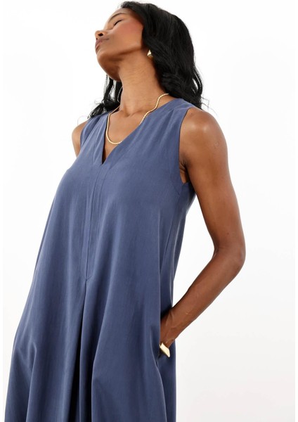 Lacivert V Yaka Tencel Elbise 036