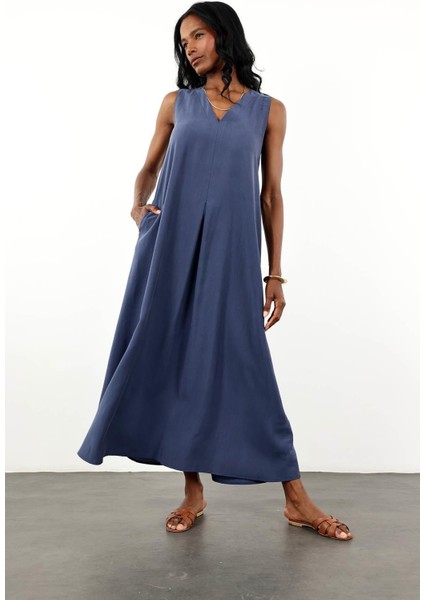 Lacivert V Yaka Tencel Elbise 036